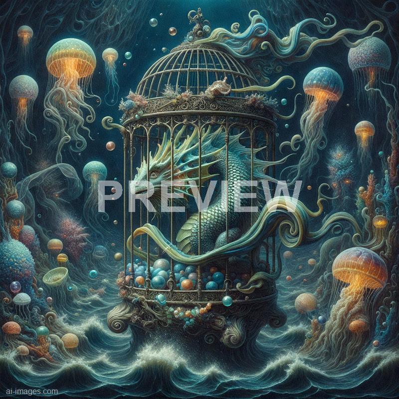 The image depicts an elaborate, fantastical underwater scene featuring a large, winged dragon-like creature inside a decorative, vintage birdcage. The creature has a majestic, armored body, with a head resembling that of a dragon or sea serpent, and is surrounded by glowing jellyfish and various marine life. The background is filled with swirling water currents, coral, and bioluminescent sea creatures, creating a dreamlike, surreal atmosphere.